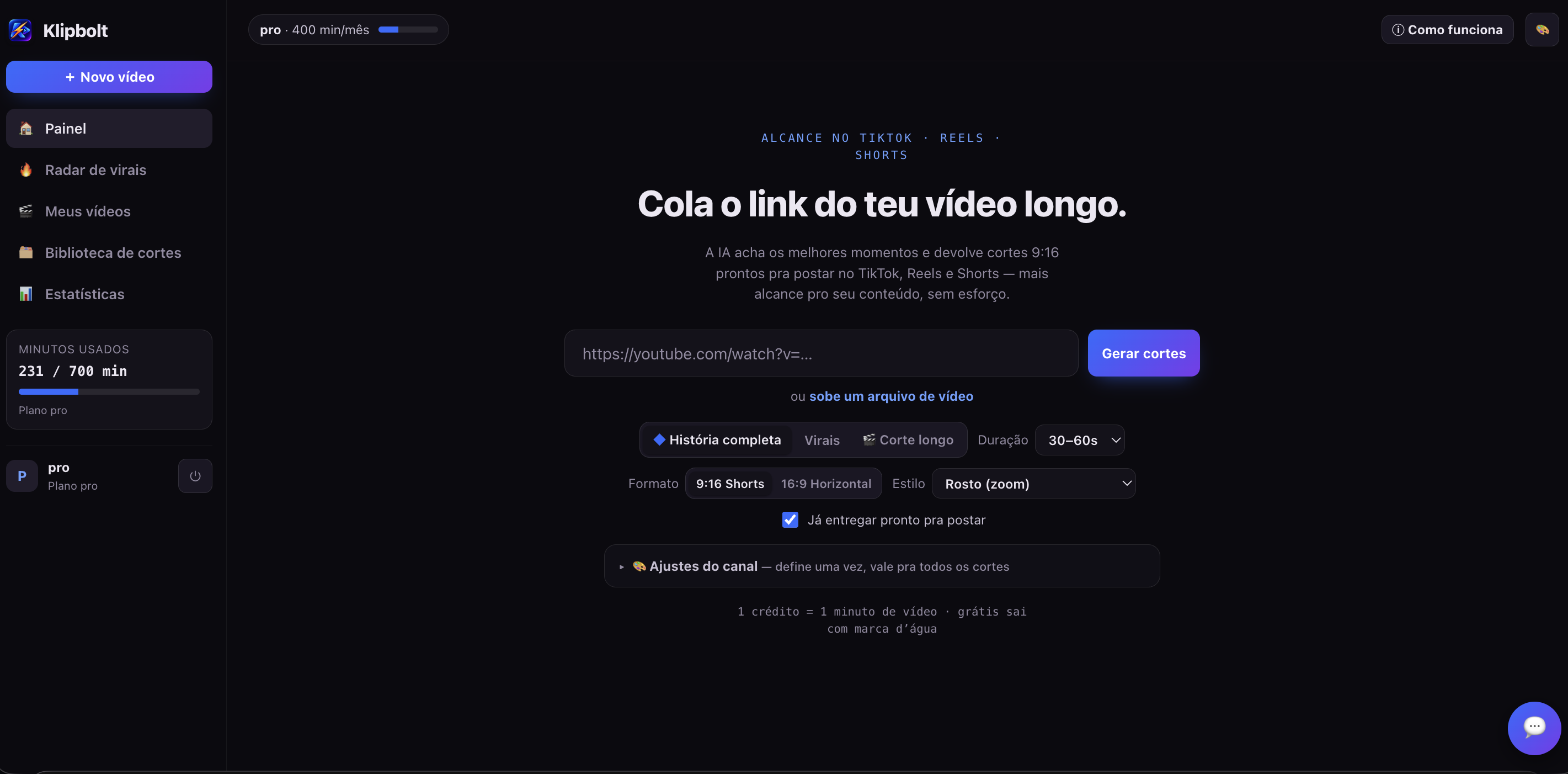 Colar o link do vídeo no Klipbolt